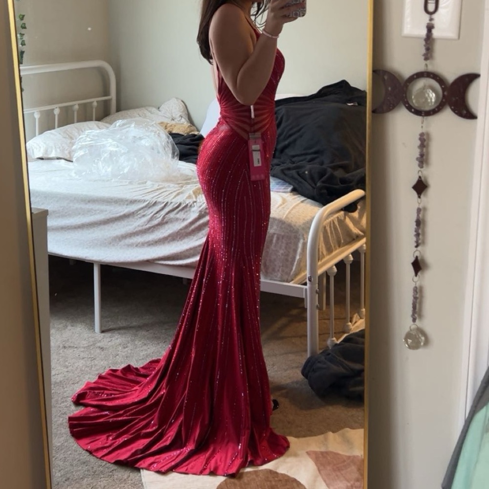 Ellie Wilde Red Rhinestone Prom Dress - Picture 9 of 9